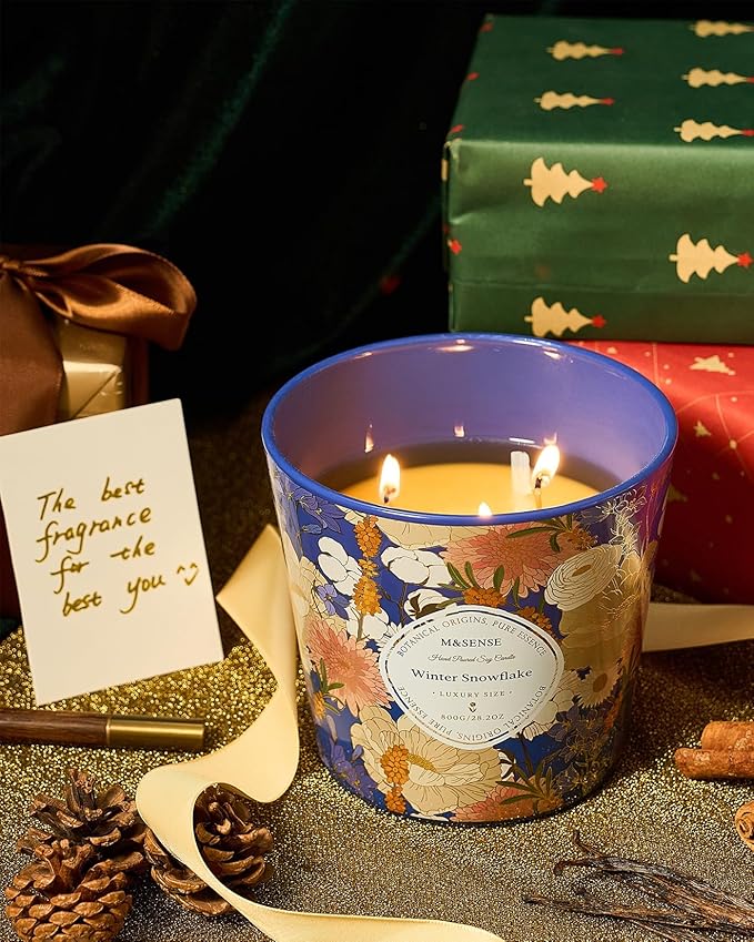 M&SENSE Winter Snow Flake Scented Candle, 28.2oz 3 Wick Natural Soy Wax Large Candles, Long Lasting Clean Slow Burning No Toxic Décor for Home Relaxation, Romantic Dates & Gift-Giving - Bloomnest