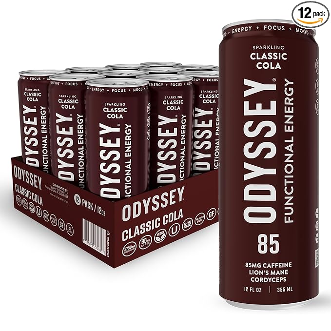 Odyssey Functional Energy Drink for Focus, Cognition & Mood Support 12 Pack - Adaptogenic Drink with 85mg Green Tea Caffeine, Lion’s Mane, Cordyceps, L-Theanine & Ginseng, Sparkling Cola - Bloomnest