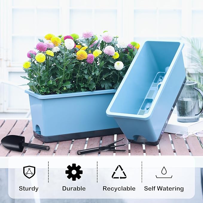 Window Box Planter 6 Pcs, 17 Inches Rectangle Flower Pots with Drainage Holes and Trays, Vegetable Planters for Windowsill Patio Garden Balcony Indoor Outdoor (Blue, 17 * 7.4 * 7.8 inch) - Bloomnest