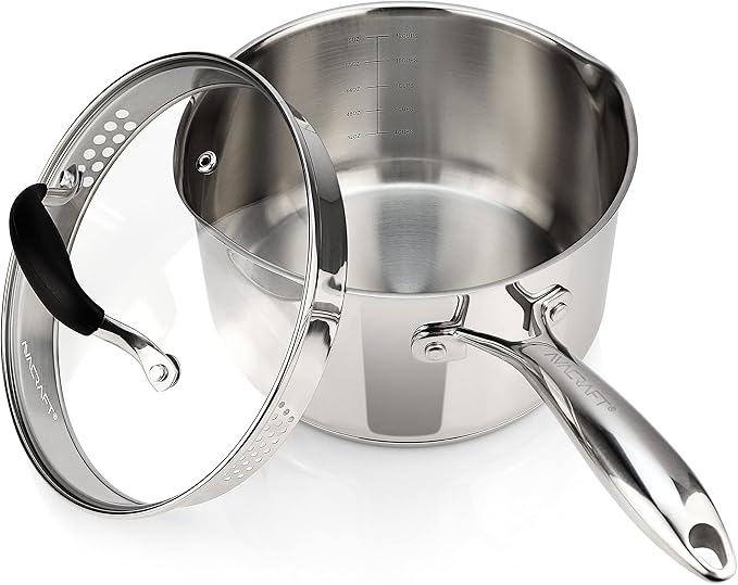 AVACRAFT Stainless Steel Saucepan with Glass Strainer Lid, Two Side Spouts for Easy Pour with Ergonomic Handle, Multipurpose Sauce Pot (5-Ply Capsule Bottom, 3.5 Quart) - Bloomnest