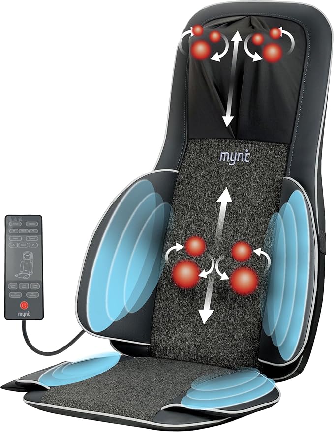 Mynt 2D & 3D Shiatsu Neck and Back Massager for Chair with 10 Deep Kneading Nodes, Back Massage with Heat, Portable Spot Massage Chair Pad (Black) - Bloomnest