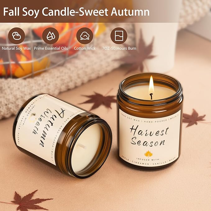 Auelife Fall Candles, 6 Pack Scented Candle Set, 42 oz Autumn Soy Candles for Home Scented, Fall Candle Gifts Set for Men and Women, Autumn Home Decor of Wreath/Apple/Latte/Harvest/Vanilla/Cinnamon - Bloomnest