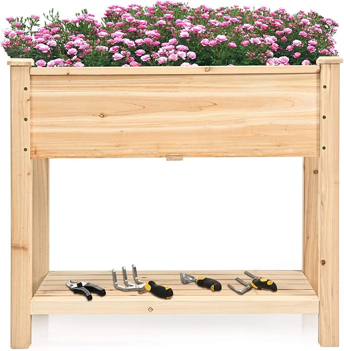 S AFSTAR Raised Garden Bed with Storage Shelf, Elevated Cedar Wood Planter Box with Legs, Outdoor Gardening Planting Bed for Vegetables Flower Herb Grow, Great for Backyard Patio Lawn - Bloomnest
