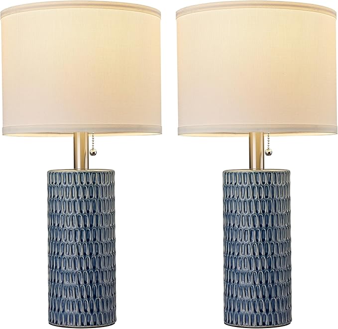 Table Lamps for Living Room Set of 2, Ceramic Table Lamps for Bedroom, 20" Modern Lamps for Night Stands, Dark Blue - Bloomnest