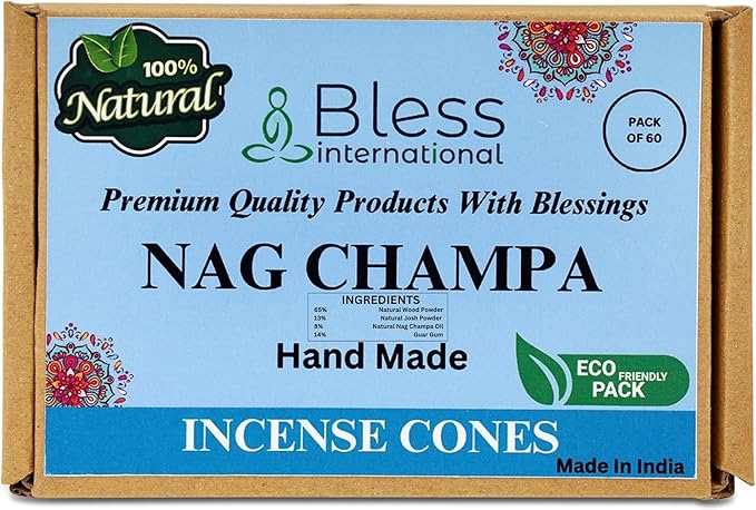 Bless-International Nag Champa 100%-Natural-Incense-Cones Handmade-Hand-Dipped Organic-Chemicals-Free for-Purification-Relaxation-Positivity-Yoga-Meditation The-Best-scents (60 Count) BlessInternational