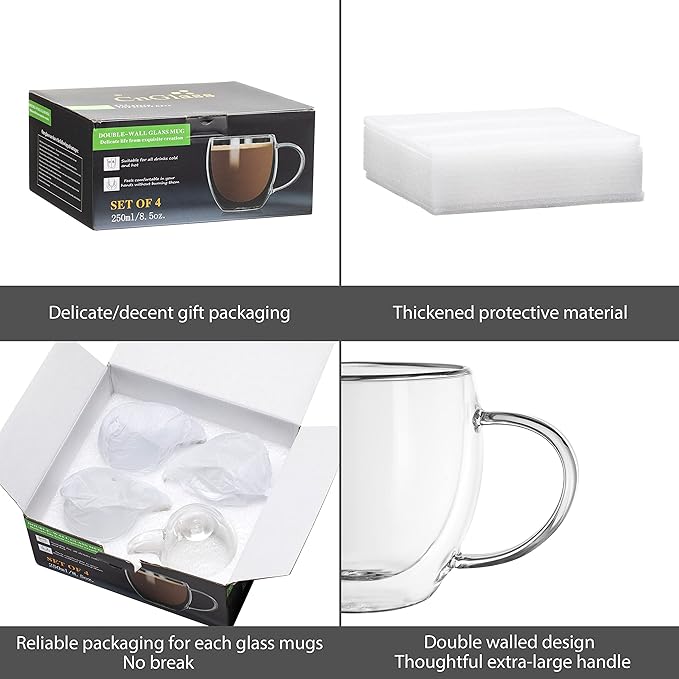 CNGLASS 8.5oz Glass Coffee Mug,Double Wall Insulated Glass Mugs with Handle,Clear Espresso Mugs for Latte,Cappuccino,Tea Bag,Set of 4 - Bloomnest