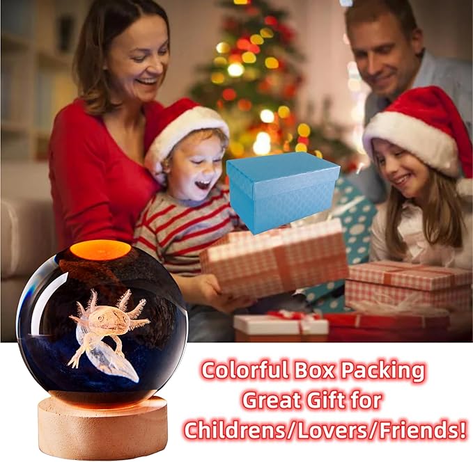 3D Large Axolotl Crystal Ball Night Light with Wooden Base, Crystal Lamp Gift for Kids Wife Friends, 16 Color Changing with Remote Control, Laser Engraved 3.15 inch Glass Ball Lamp (Axolotl) - Bloomnest