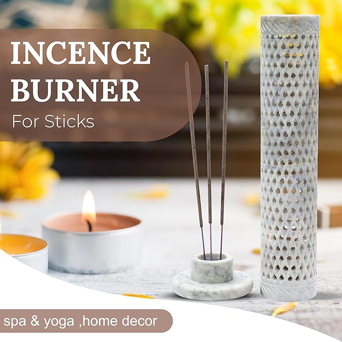 Crocon Handmade Incense Tower Candle Stick Holder Soapstone Tea Light Tower Burner | Candles Stand |Office Decor Room Fragrance Decorative Kitchen Home Spa Great Gift Set - 11X3X3 Inch