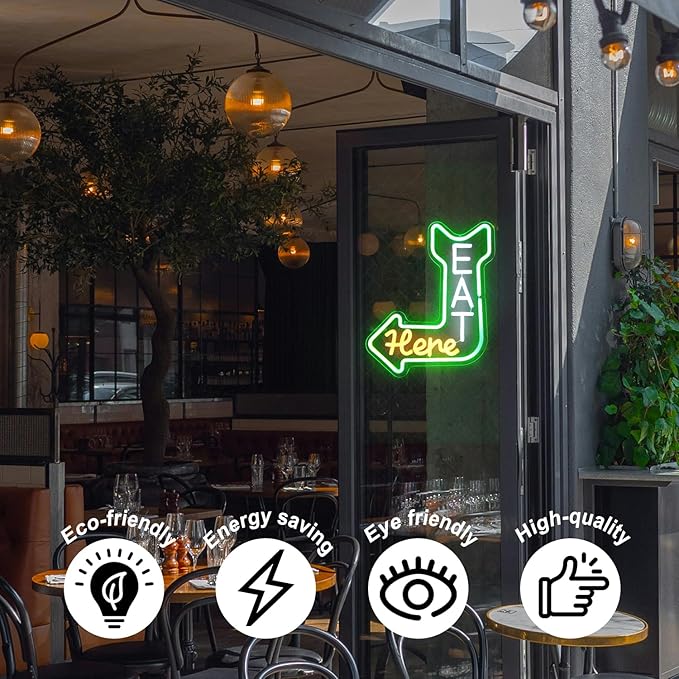 Eat Here Neon Sign Kitchen Neon Signs for Wall Decor with Arrow Guidance Green Orange White Eat Dimmable LED Sign Diner Neon Signs for Wall Bar Restaurant Kitchen Man Cave Decor - Bloomnest
