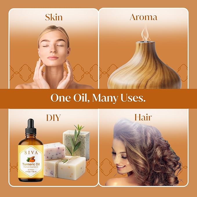 Siva Turmeric Essential Oil - 4 Fl Oz – 100% Natural Turmeric Oil - for Diffuser, Face, Skin Care, Aromatherapy, Hair Care, Scalp and Body Massage - with Dropper - Bloomnest
