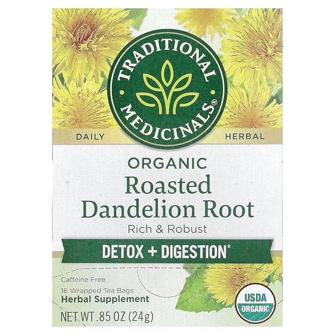 Traditional Medicinals Organic, Roasted, Dandelion Root Tea - Supports Normal Detox + Digestion - Kosher, Non-GMO, Caffeine-Free, Compostable - 16 Tea Bags - Bloomnest