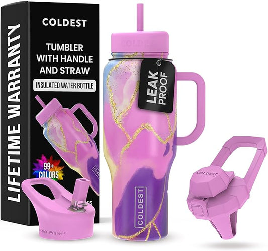 Coldest Tumbler with Handle and Straw - 100% Leak Proof Insulated Tumbler with Lid and Straw (3 Lids) - Stainless Steel Tumblers for Women & Men - Cup Holder Friendly Base, 36 oz (Princess Luna) - Bloomnest