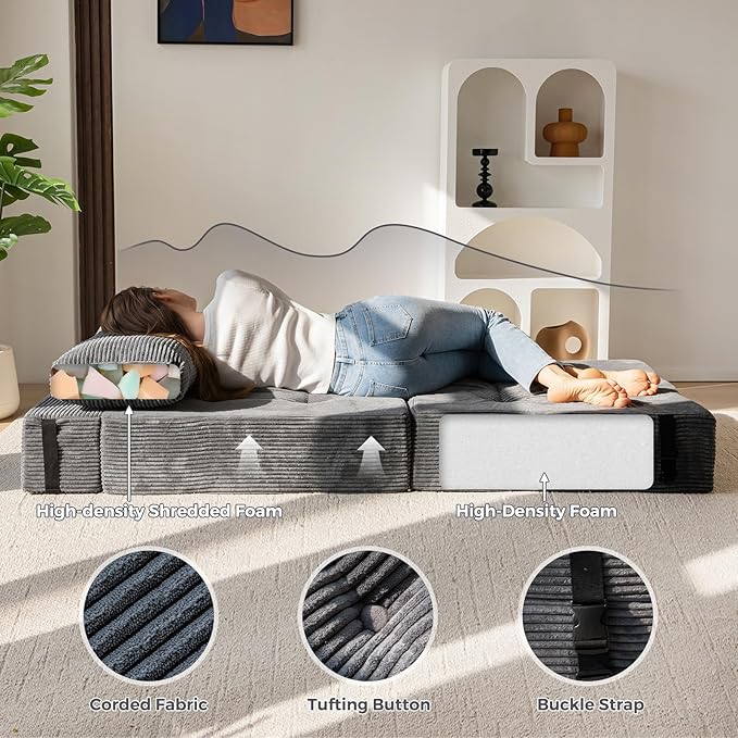 MAXYOYO Folding Sofa Bed, Convertible Sofa Bed with High-Density Support Foam, Portable 4 in 1 Fold Out Chair to Floor Lounger, Versatile Floor Couch for Living Room Bedroom, Dark Grey - Bloomnest