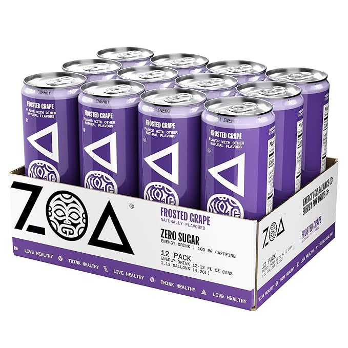 ZOA Zero Sugar Energy Drinks, Frosted Grape - Sugar Free with Electrolytes, Healthy Vitamin C, Amino Acids, Essential B-Vitamins, and Caffeine from Green Tea - 12 Fl Oz (12-Pack) - Bloomnest