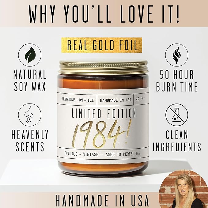 41st Birthday Gifts for Women - 'Limited Edition 1984' Soy Candle, w/Champagne on Ice I 41 Birthday Gifts for Women I 41st Gift for Her Ideas I 9oz Reusable Jar, 50Hr Burn, Made in USA - Bloomnest