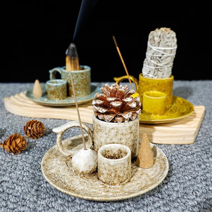 5-in-1 Ceramic Palo Santo Burner Holder Blue -Small Candle Holder & Smudge Burning Tray Bowl,Fits Incense Sticks/Cones, Sage.Zen Altar for Meditation Room, Aromatic Scents, Matches Compatible - Bloomnest