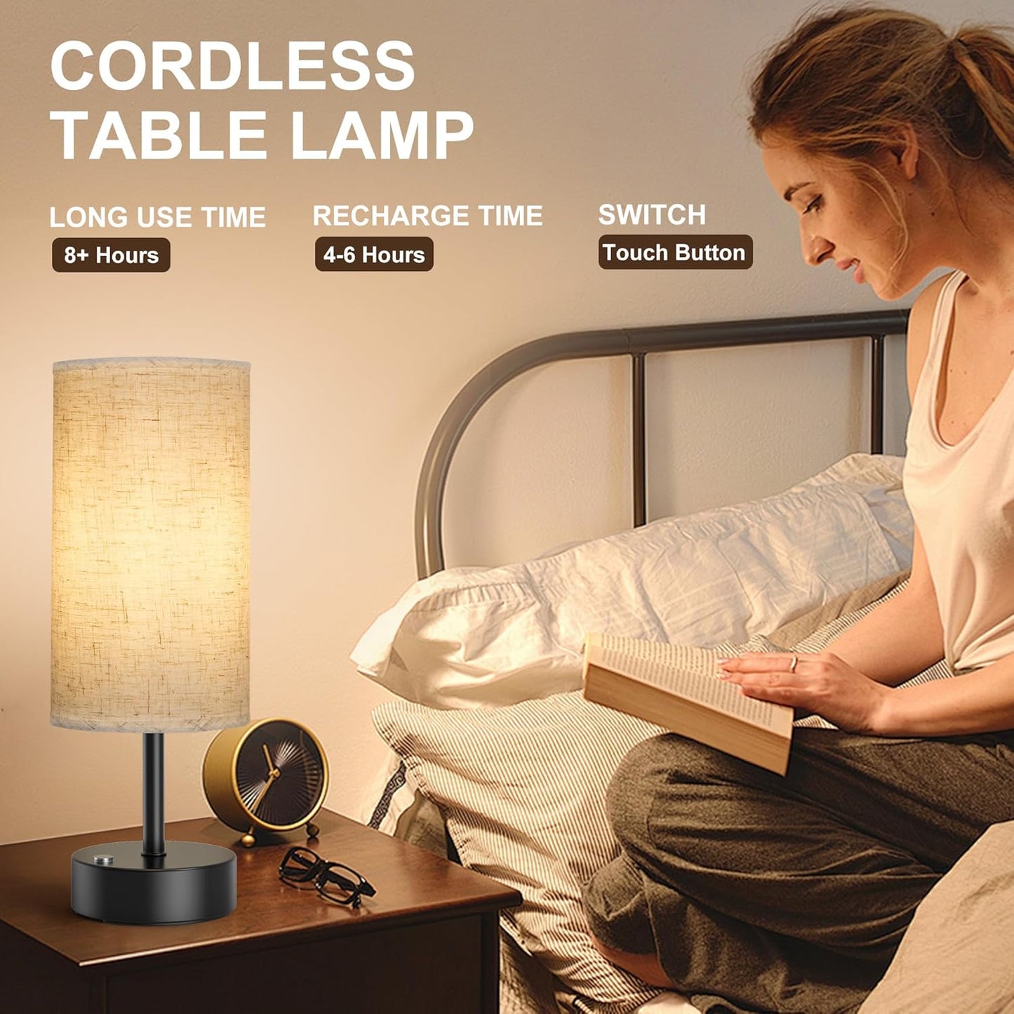 ROTTOGOON Cordless Table Lamp Touch Control Dimmable Small Bedside Table Lamps with Oatmeal Fabric Shade 5000mAh Rechargeable Battery Powered Desk Lamp for Bedroom,Home,Office,Dorm-Black