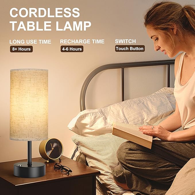ROTTOGOON Cordless Table Lamp Touch Control Dimmable Small Bedside Table Lamps with Oatmeal Fabric Shade 5000mAh Rechargeable Battery Powered Desk Lamp for Bedroom,Home,Office,Dorm-Black - Bloomnest