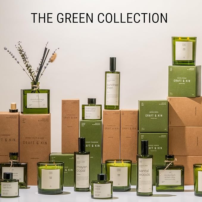 Craft & Kin Santal Woods Christmas Reed Diffuser | All Natural Essential Oil & Rattan Scent Sticks | Holiday Reed Diffusers for Home, Bathroom | Long Lasting Home Fragrance in Green Glass, 3.4oz CraftKin