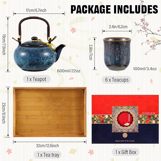 Layhit Japanese Asian Tea Set for Adults with 1 Teapot 6 Cups 1 Tray Traditional Portable Japanese Kiln Altered Glaze Porcelain Tea Set for Women Mother's Day Gifts(Blue) - Bloomnest
