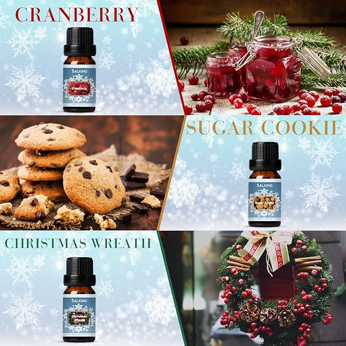 SALKING Winter Set of Scented Oils, Premium Fragrance Essential Oils Gift Set for Diffuser, Soap & Candle Making Scents - Cinnamon, Christmas Wreath, Sugar Cookie, Cranberry, Peppermint, Gingerbread - Bloomnest