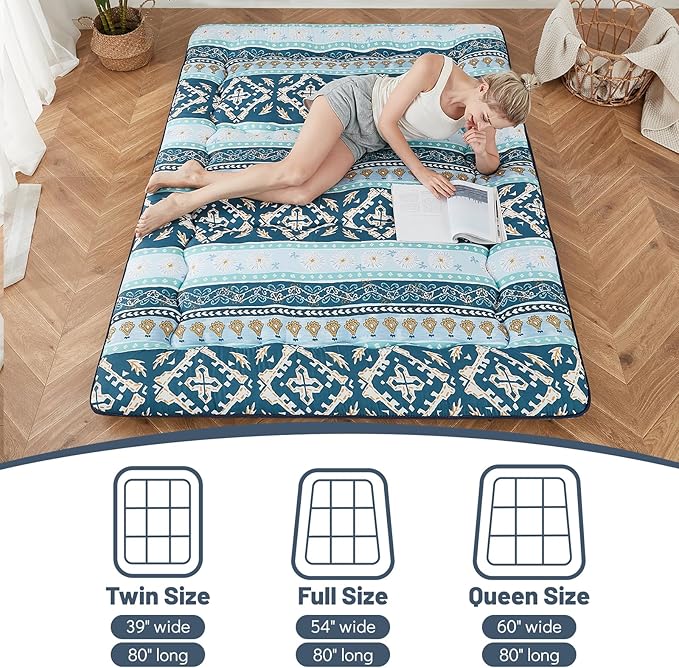 Japanese Floor Mattress, Futon Mattress with Portable Storage Bag and Washable Cover, Roll Up Thick Tatami Mat Suitable for Camping, Guest Room (Blue Striped Jacquard, Twin) - Bloomnest