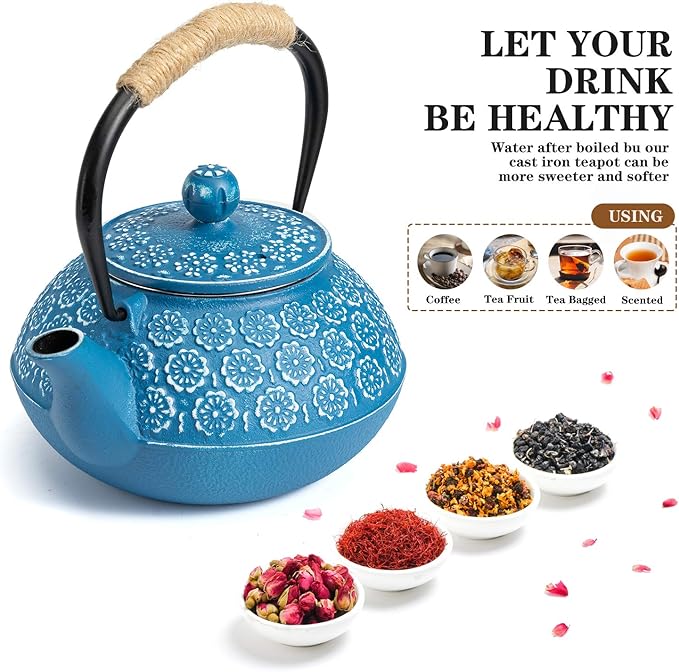 Sotya Cast Iron Teapot, 30oz/900ml Japanese Tetsubin Tea Pot with Infuser for Loose Leaf and Tea Bags, Tea Kettle Coated with Enameled Interior for Stove Top, Dark Blue - Bloomnest