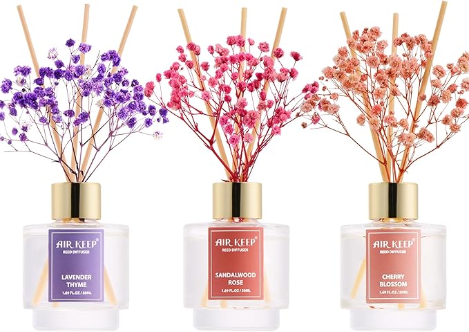 Airkeep Reed Diffuser Set of 3, Lavender Thyme Sandalwood Rose Cherry Blossom Oil Reed Diffusers for Bedroom Living Room Office Aromatherapy Oil Reed Diffuser for Gift 50ml x 3 - Bloomnest
