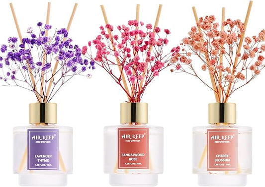 Airkeep Reed Diffuser Set of 3, Lavender Thyme Sandalwood Rose Cherry Blossom Oil Reed Diffusers for Bedroom Living Room Office Aromatherapy Oil Reed Diffuser for Gift 50ml x 3 - Bloomnest