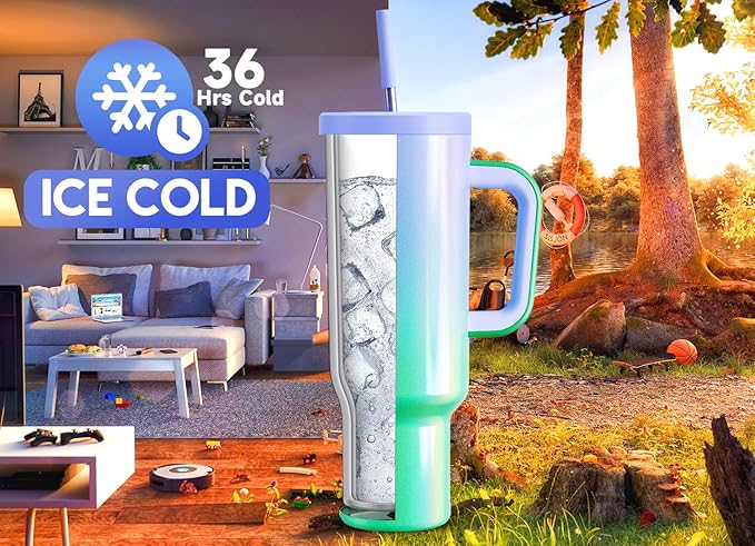 Meoky 50 oz Tumbler with Handle, Tumbler with Lid and Straw, Insulated Stainless Steel Travel Mug, 100% Leak-proof, Keeps Cold for 36 Hours or Hot for 12 Hours (Fairyland) - Bloomnest