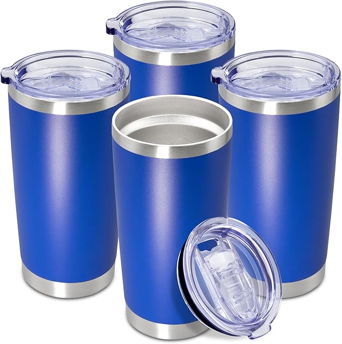 20 oz Tumbler Coffee Travel Tumblers Bulk with Lid Stainless Steel Double Wall Vacuum Insulated Mug Powder Coated Cups fit Car Cupholder for Hot and Cold - Dark Blue, 4Pack