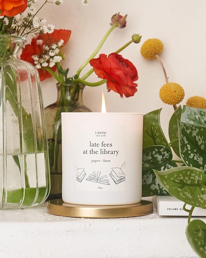 Literie NYC Inspired Scented Candle: Late Fees at The Library - Paper & Linen Scent, 9oz, 50 Hour Burn, Vegan Soy & Coconut Blend Candle for Home Decor, Gift for Women & Men - Bloomnest