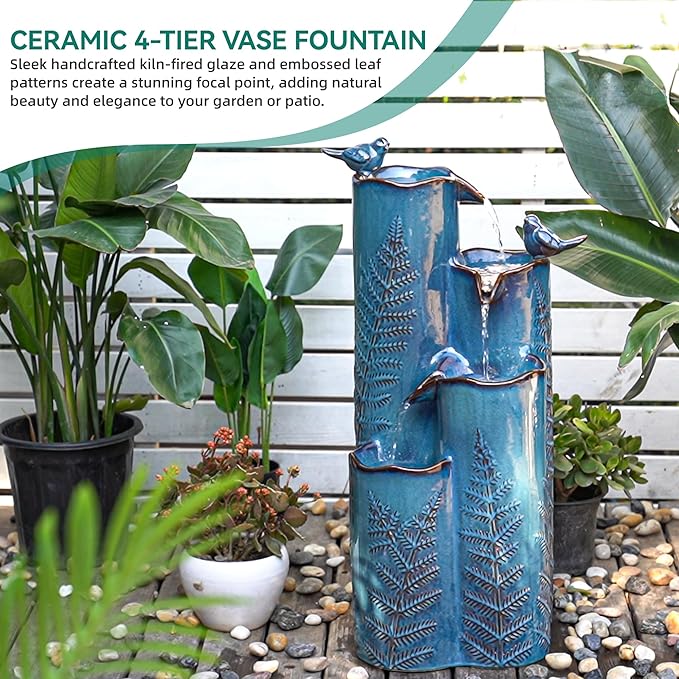 Outdoor Water Fountain with Lights, 32" Ceramic Vase Fountain with 4-Tier Waterfall and Bird Decor, Tall Garden Waterfall with Turquoise Glaze & Tropical Fern for Patio, Yard, Balcony, Porch - Bloomnest