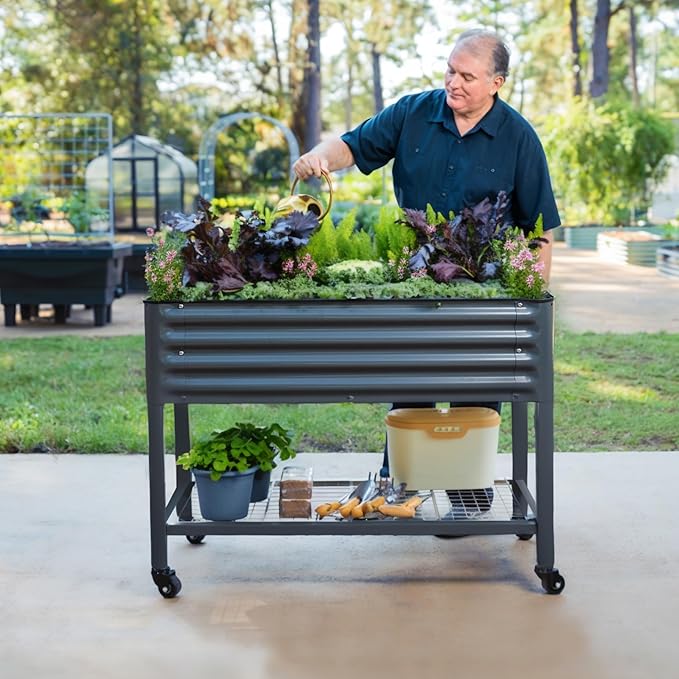 Rolling Elevated Raised Garden Bed-V Series, 2' x 4' Garden Beds with Legs & Storage Rack for Patio & Porch, 700 Lbs Weight Capacity, Outdoor Planter Box for Vegetables Flower Herbs, Modern Gray - Bloomnest