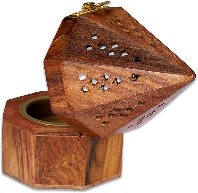 Bless-International Traditional-Handmade-Burner Wooden-Incense-Stick-Holder Ash-Catcher-Stand for-Aromatherapy-Meditation-Yoga (5 Inch Octa Temple Wooden Charcoal/Cone) - Bloomnest