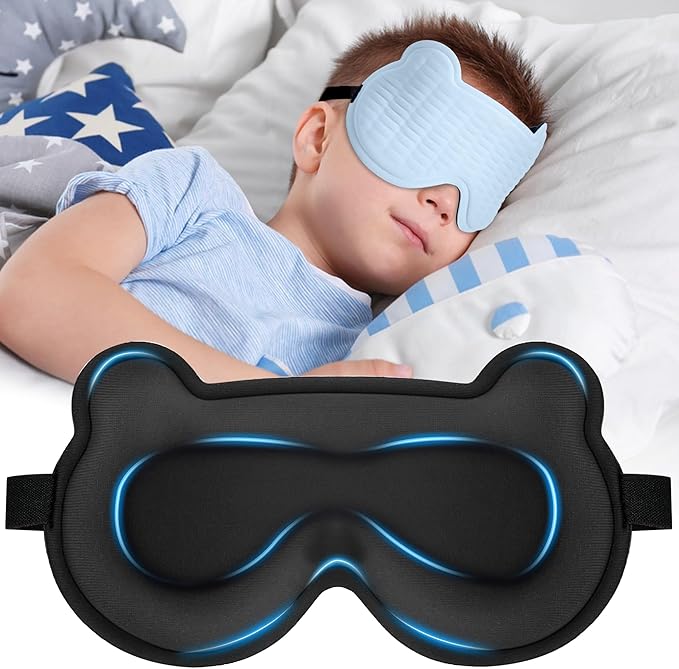 3D Kids Sleep Mask – Cute Bear Eye Mask for Sleeping, Comfortable Memory Foam Sleep Mask for Kids, Adjustable Strap and Lightweight Sleeping Mask for Boys Girls Teens Ages 5-15 (Blue) - Bloomnest