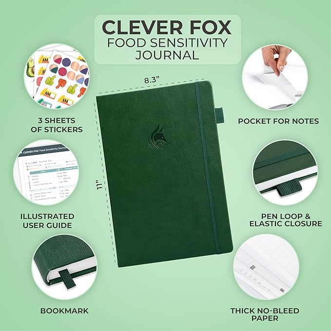 Clever Fox Food Sensitivity Journal Large – Daily Intolerance & Symptom Log for IBS, Diabetic, Low Fodmap, Elimination Diet – Health Tracker, 8.3x11” (Forest Green) - Bloomnest