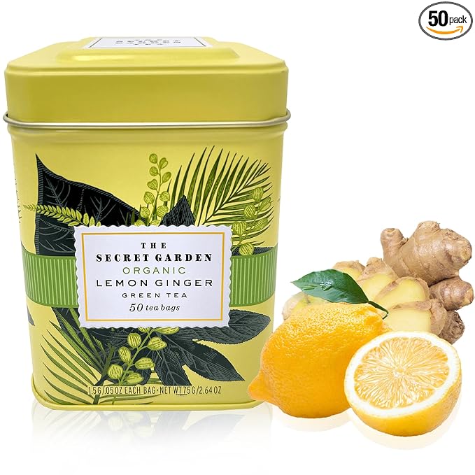 Organic Lemon Ginger Ceylon Green Tea - 50 Packets - Natural Antioxidant Rich Herbal Leaf Teabags - USDA Certified 100% Non-GMO - Caffeinated Premium Designer Tin - Bloomnest