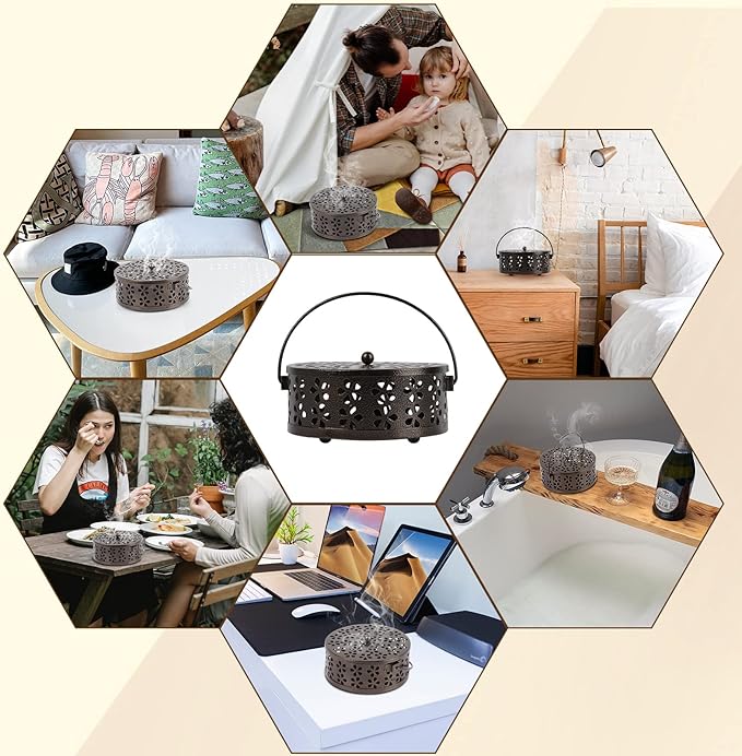 Portable Iron Mosquito Coil Holder with Handle Round Heat-Resistant Incense Holder for Home Office Camping (Bronze) - Bloomnest