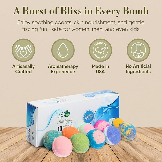 360Feel Bath Bombs Gift Set - Handcrafted Moisturizing Bath Bombs for Women Infused with Essential Oils - an Ideal Gift for Any Occasion - Non-Staining and Glitter Free Fizz - Large - Set of 10 - Bloomnest