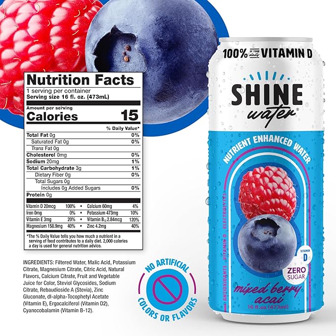 Shine Water Mixed Berry Acai Vitamin D Electrolyte Drink | Zero Sugar Hydration Beverage with Magnesium, Zinc & Antioxidants | Low Calorie Plant-Based Vitamin Water | 12 Pack - Bloomnest