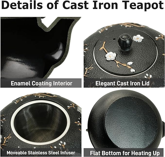 YJX 60.9oz Large Cast Iron Teapot for Stovetop, Japanese Tetsubin, Heavy and Durable Tea Pot, Tea Kettle with Stainless Steel Infuser for Loose Tea, Floral Pattern(1800ML) - Bloomnest