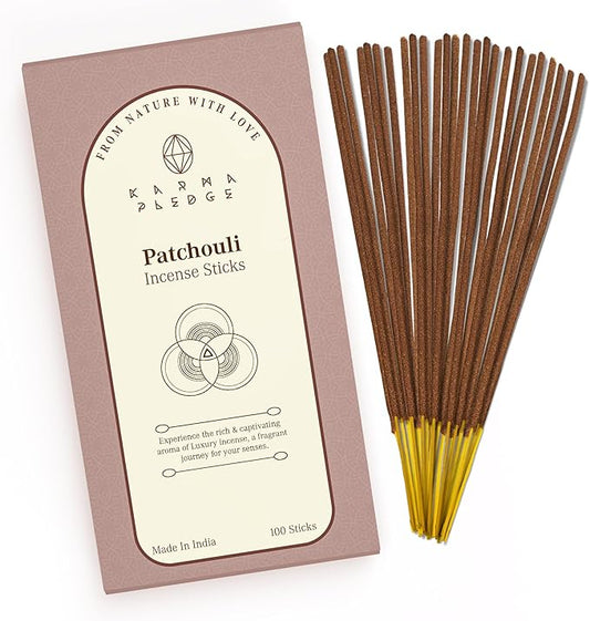 Patchouli Incense Sticks, Organic Hand Dipped 100 Sticks with Natural Herbs & Aromatic Ingredients, Burn Time 45 to 60 Minutes, Incense for Positivity, Yoga, Meditation, Relaxation, Spiritual Gift KARMAPLEDGE