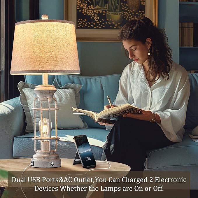 28" Farmhouse Table Lamp Set of 2 with USB Charging Ports, Tall Table Lamp for Living Room,3-Way Dimmable Lamps for Bedroom, Rustic Bedside Lamp, Industrial Nightstand Lamps,Bulbs Included - Bloomnest