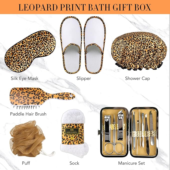 Valentines Day Gifts for Women, 20 Pcs XXL Leopard Bath and Body Gift, Skin Care Set, Self Care Gifts Set, Mother's Day, Birthday, Home Spa Kit, Holiday, Christmas, Shower Cap, Manicure Set - Bloomnest