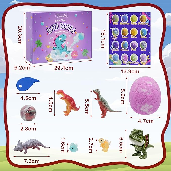 Bath Bombs for Kids with Surprise Inside, 16 Pack Kids Bath Bombs Gift Set for Easter Basket Stuffers, Dino Egg Bath Bomb Kit with 5pcs Dinosaur Bath Toy for Boys Girls Birthday,Christmas - Bloomnest