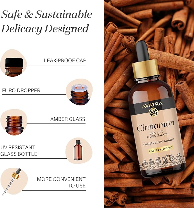 Avatra Cinnamon Essential Oil 100ML (3.38 OZ) with Glass Dropper and Travel Bottle, Pure and Natural Therapeutic Grade Cinnamon Oil for Diffuser, Aromatherapy, Massage, and DIY Candle Products - Bloomnest