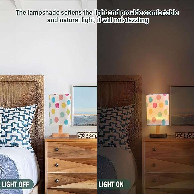 Table Lamp Summer Polka Dot Pattern Nightstand Lamp with Wood Base Fabric Lamp Shade Bedside Desk Lamp for Living Room Bedroom Kids Room Office - Bloomnest