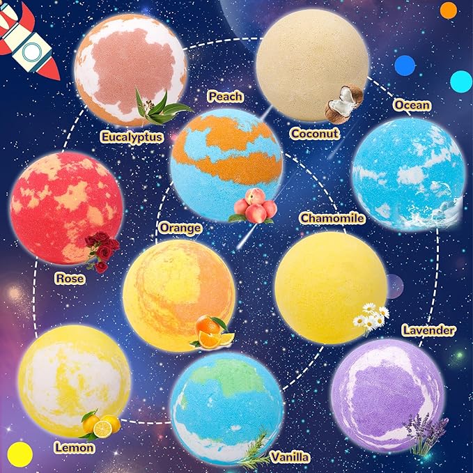 10 Pack Galaxy Bath Bombs for Kids with Surprise Toys Inside Organic Bubble Bath Bombs with Solar System Gemstones Easter Christmas Birthday Gift for Kids Boys Girls - Bloomnest