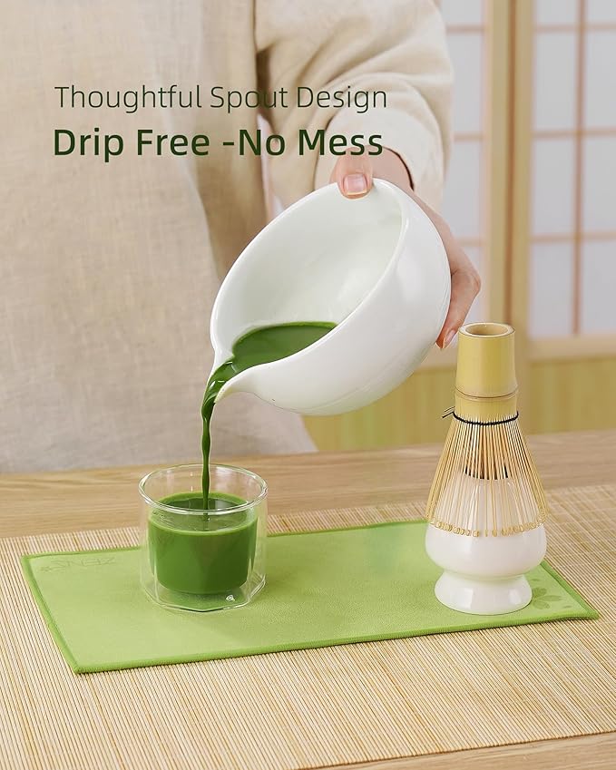 ZENS Matcha Whisk Set, 6pcs Matcha Kit Includes Ceramic Bowl, Handcrafted Bamboo Whisk and Chasen Holder, Scoop, 304 Sifter & Tea Mat，Matcha Set for Tea Ceremony,Latte Making, White - Bloomnest